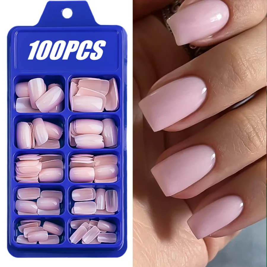 Square Pink Press-On Nail Set — 100 Pieces